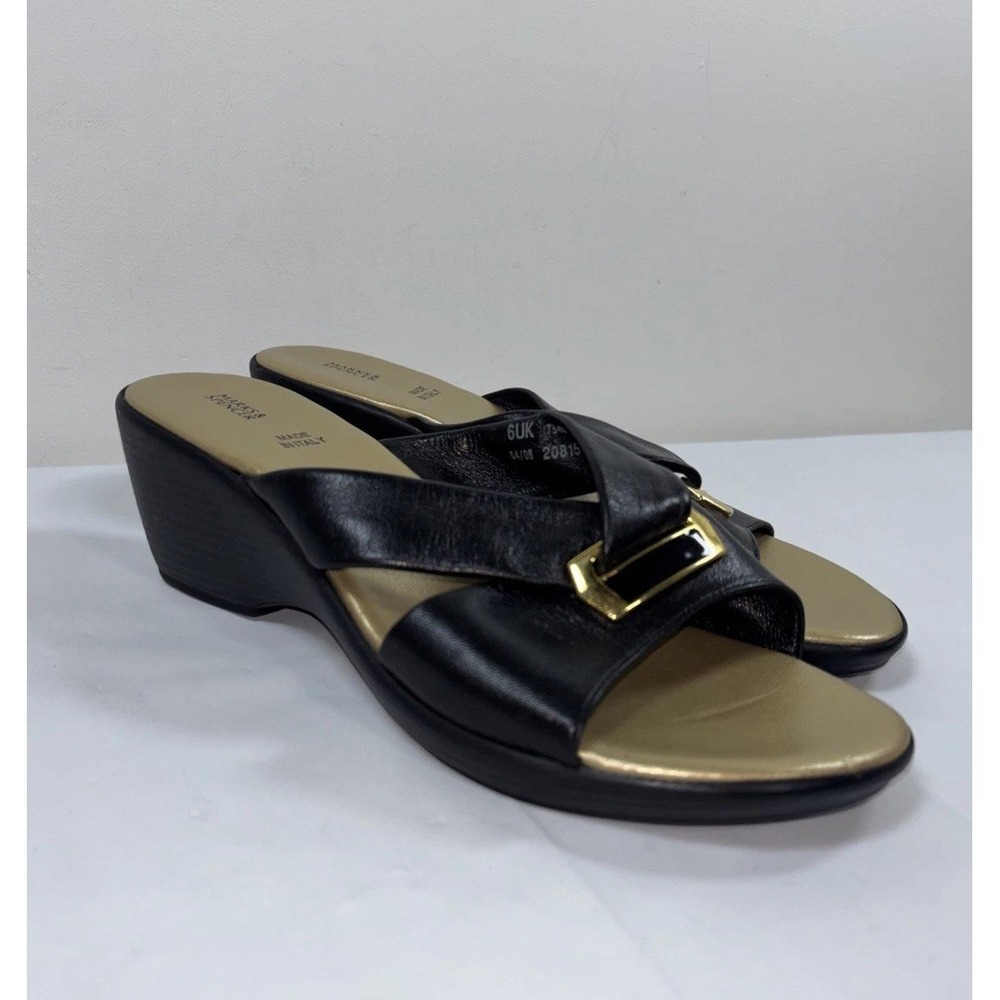 Marks & Spencer Womens 7.5 Soft Leather Wedge Sandal‎ Slide Black Slip On Italy